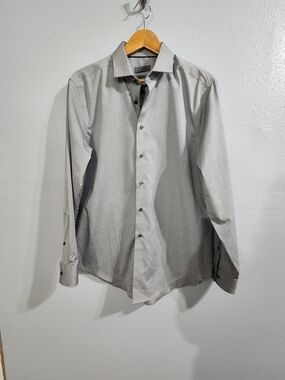 Calvin Klein Gray Micro-Check Button Up Dress Shirt Slim Fit 16 1/2 34-35 16.5